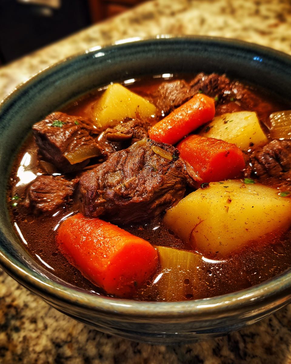 Close-up of a bowl of Old Fashioned Beef Stew with carrots, potatoes, and beef.