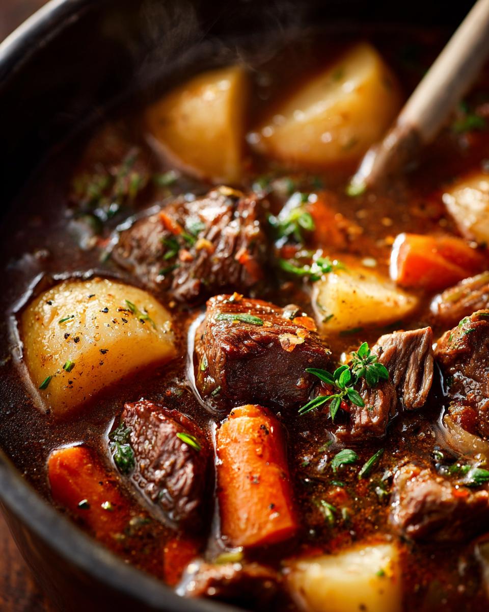 Close-up of a steaming pot of Old Fashioned Beef Stew with potatoes, carrots, and tender beef.