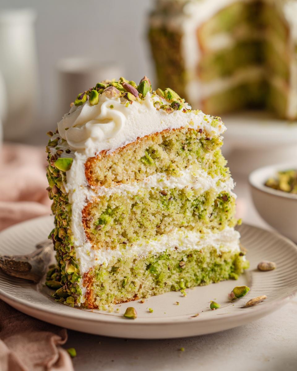 A slice of Pistachio Pistachio Surprise Cake with white frosting and chopped pistachios.