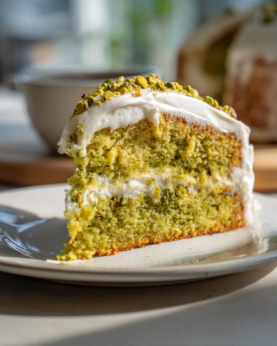 A slice of Pistachio Pistachio Surprise Cake on a white plate, topped with pistachios and frosting.