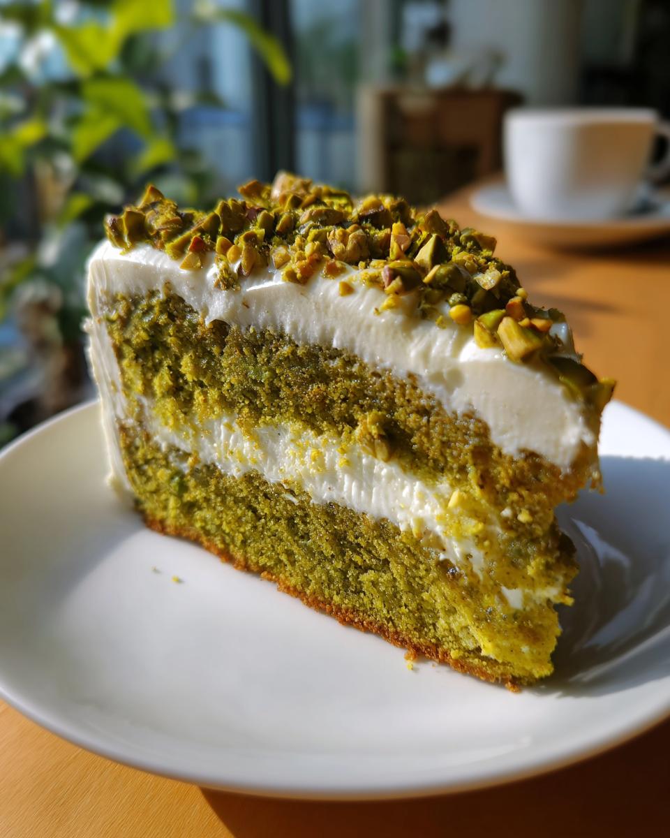 A slice of Pistachio Pistachio Surprise Cake on a white plate, topped with chopped pistachios.