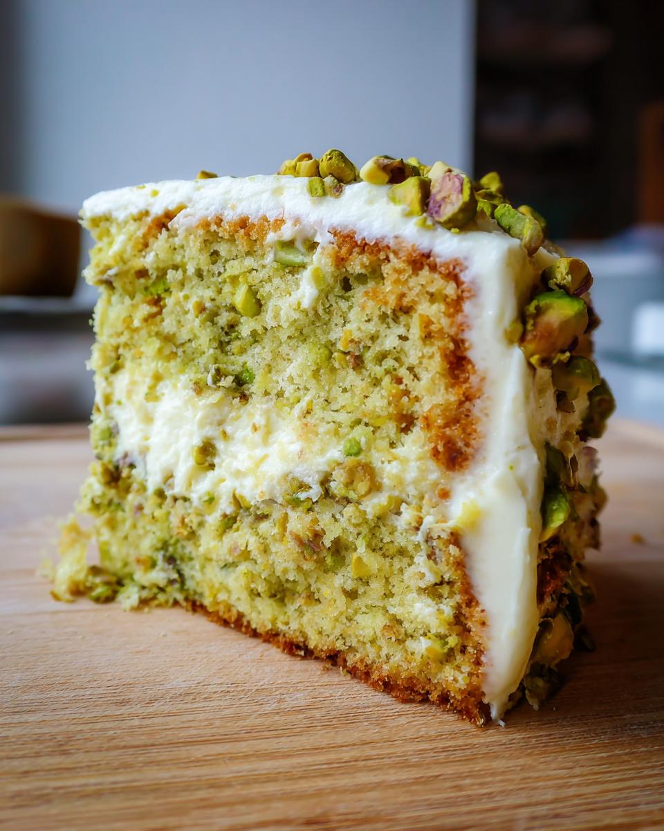 A slice of Pistachio Pistachio Surprise Cake with white frosting and chopped pistachios.
