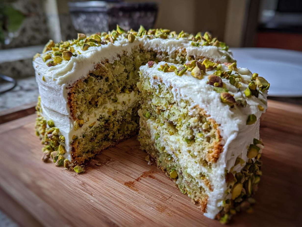 A slice of Pistachio Pistachio Surprise Cake with frosting and pistachios.