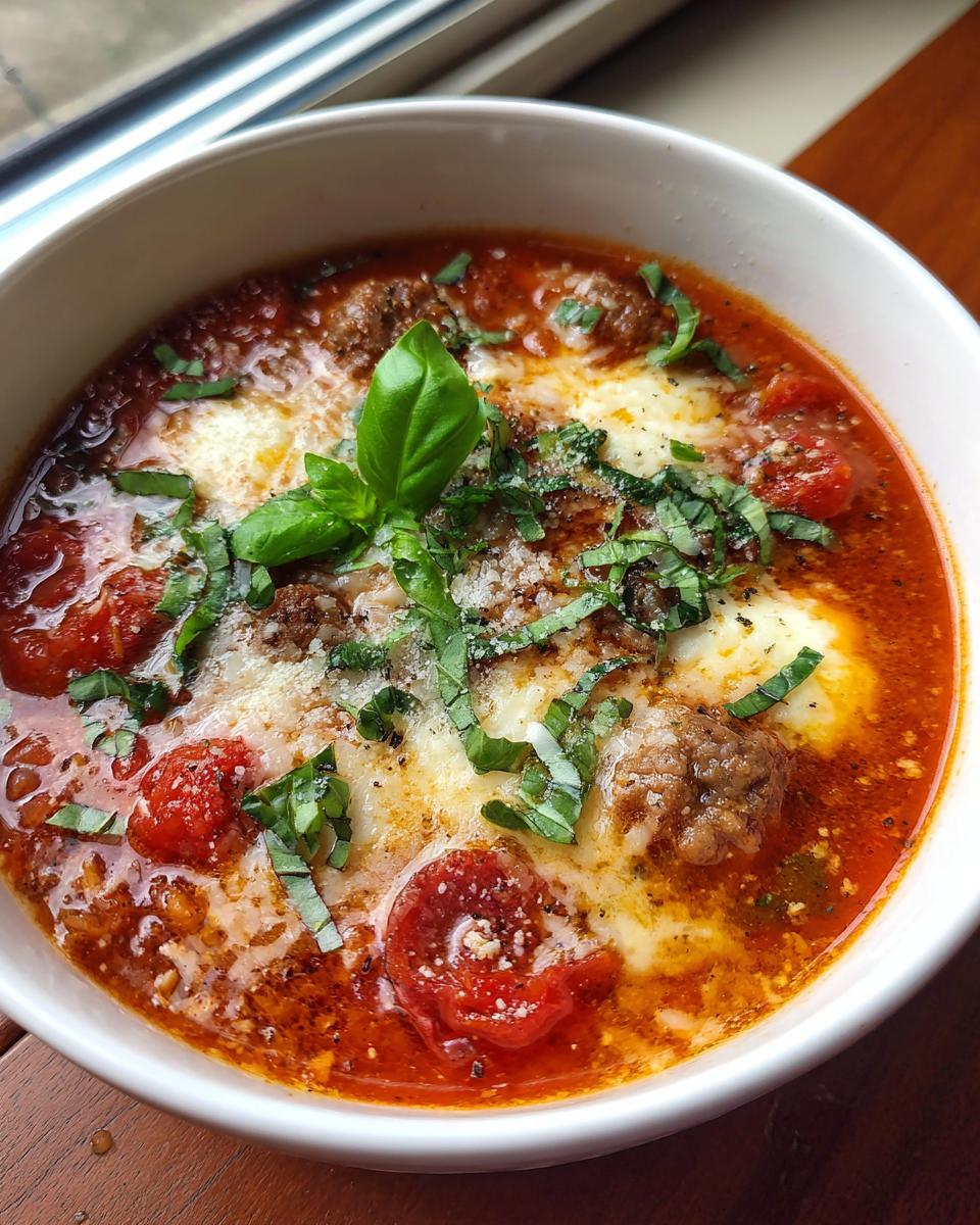 Close-up of a bowl of Pizza Soup with meatballs, cheese, and fresh basil.