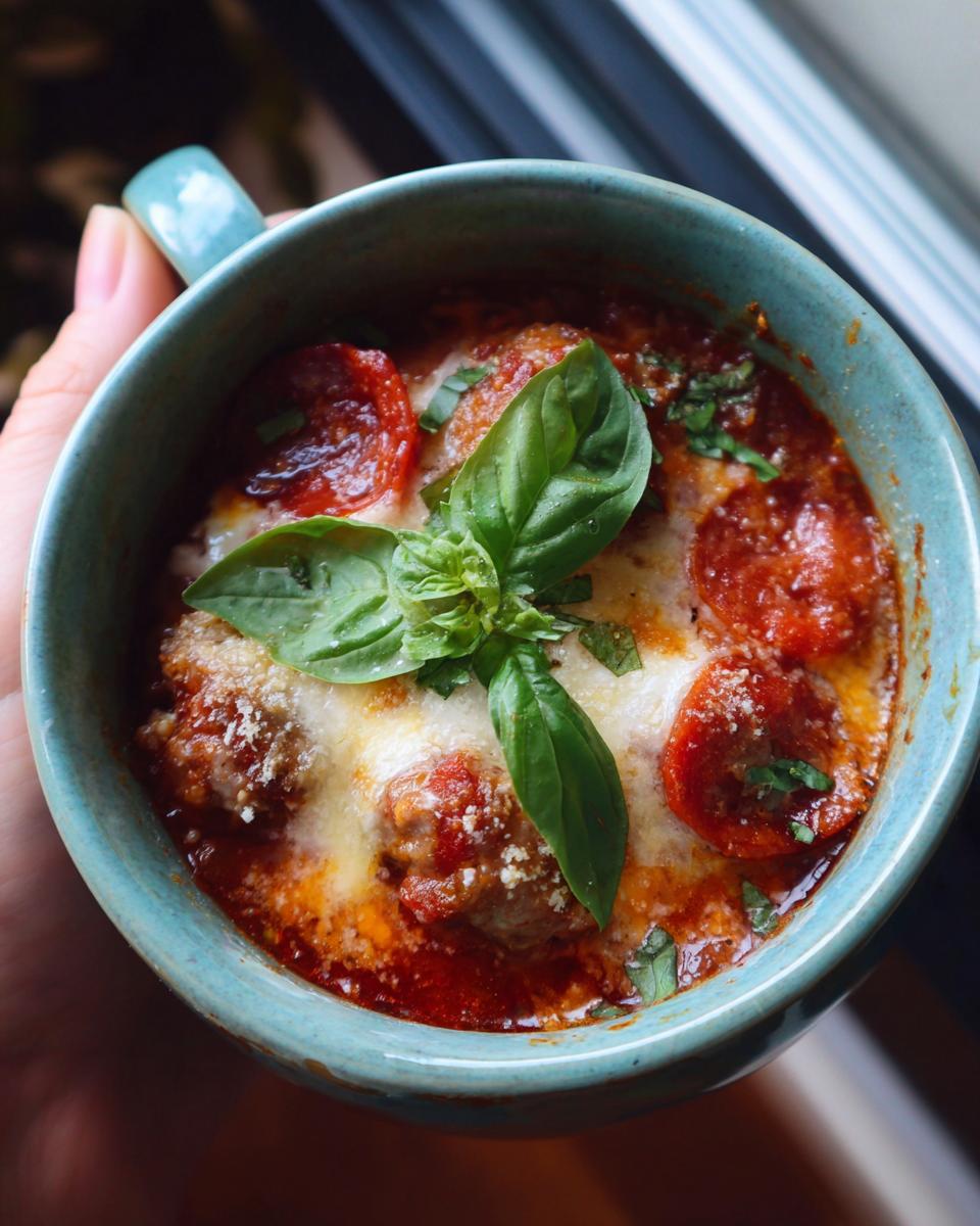 Close-up of a mug filled with Pizza Soup, topped with pepperoni, cheese, and fresh basil.