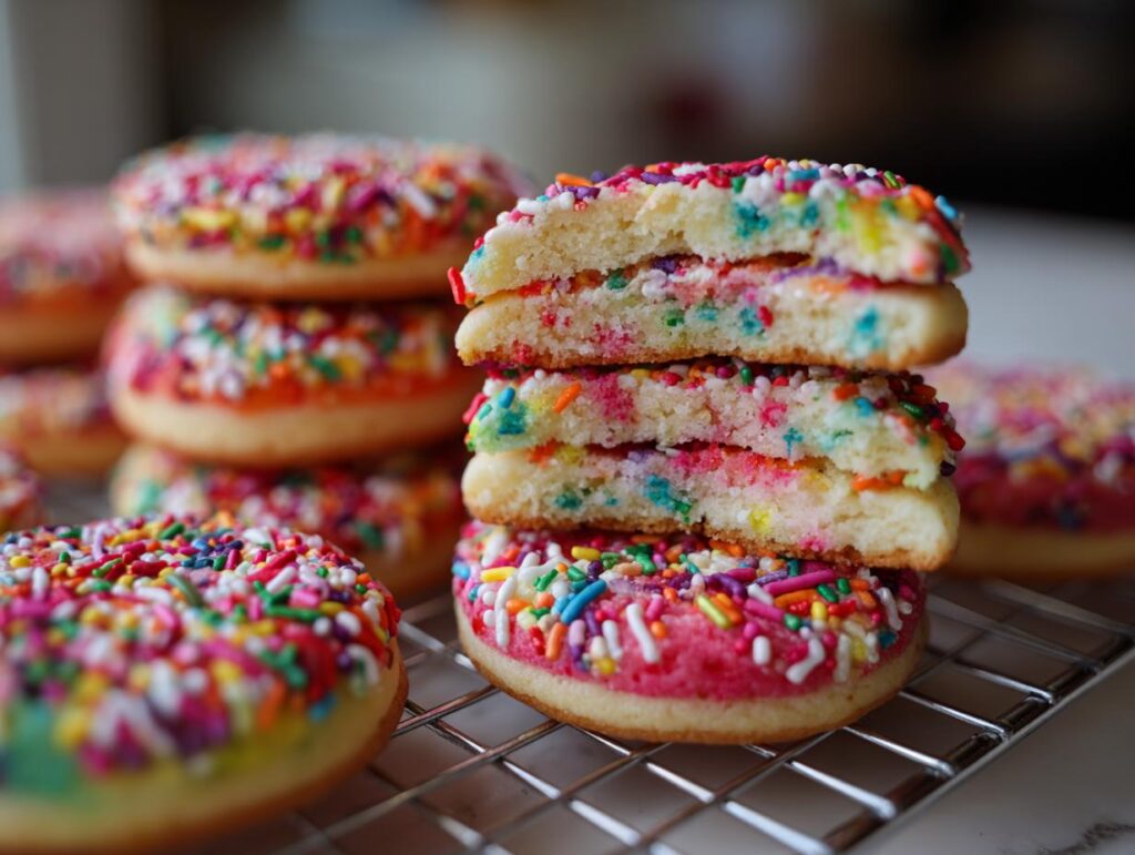 Close-up of a stack of Rainbow Sprinkle Cookie Stacks covered in colorful sprinkles.