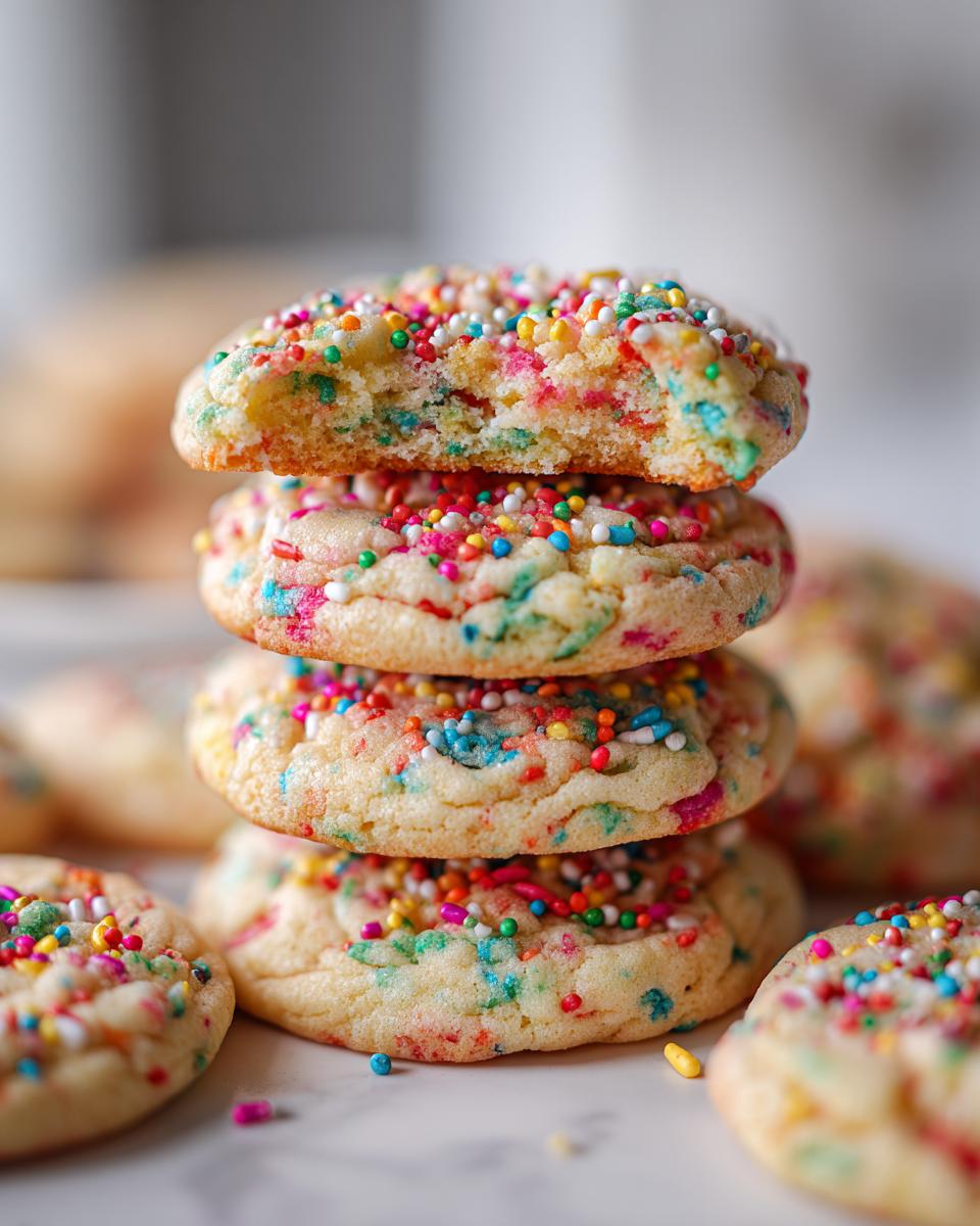 Close-up of a stack of Rainbow Sprinkle Cookie Stacks with colorful sprinkles.
