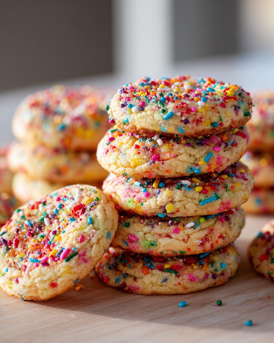Close-up of a stack of Rainbow Sprinkle Cookie stacks covered in colorful sprinkles.