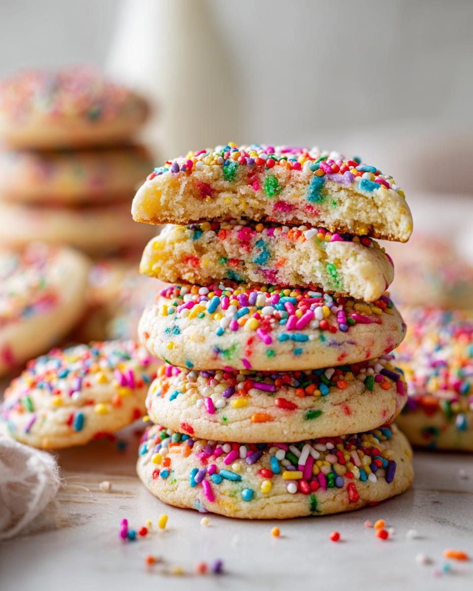 Close-up of a stack of Rainbow Sprinkle Cookie, showing the colorful sprinkles and soft texture.