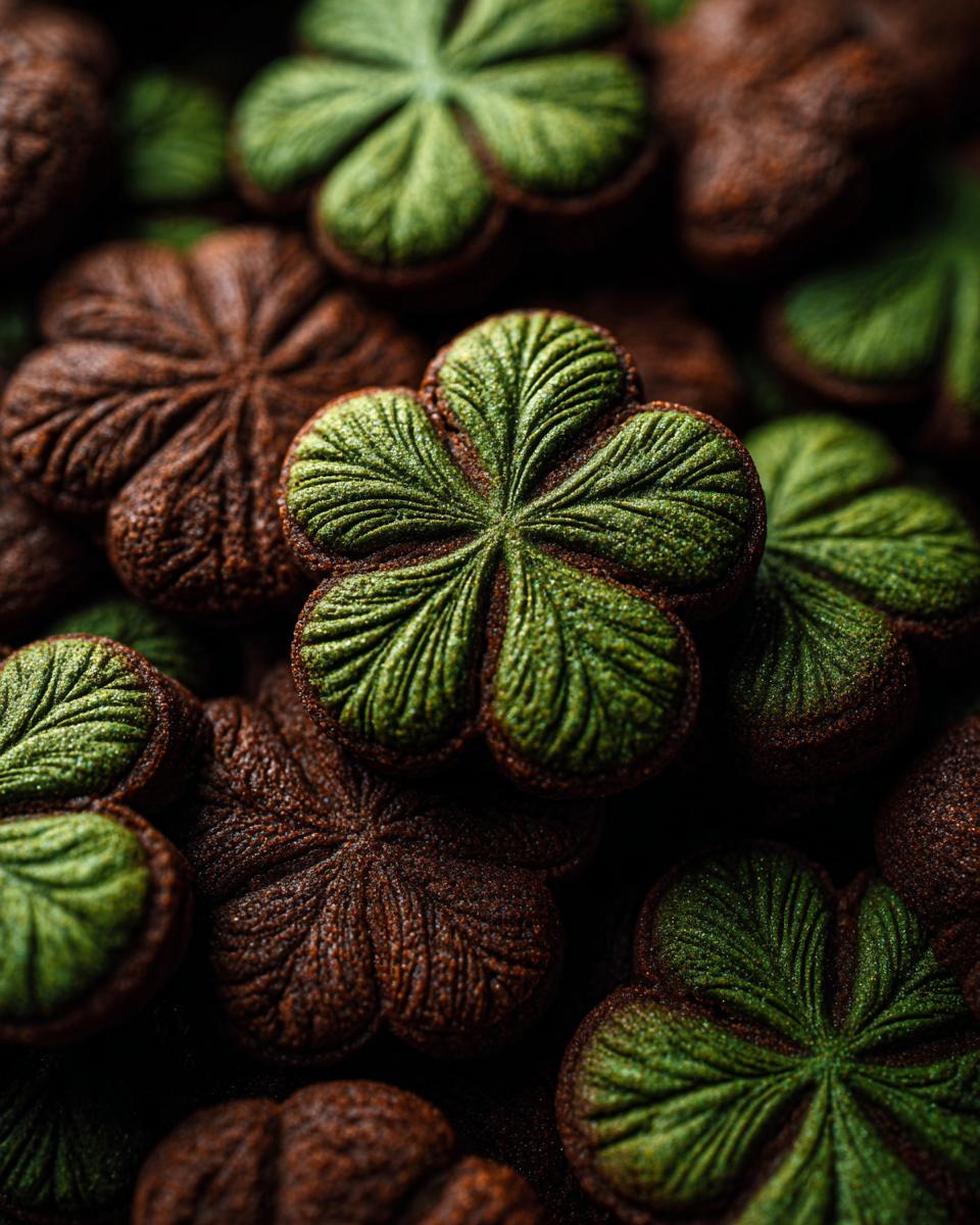 Close-up of green and brown Shamrock Sugar Cookies, perfect for St. Patrick's Day.