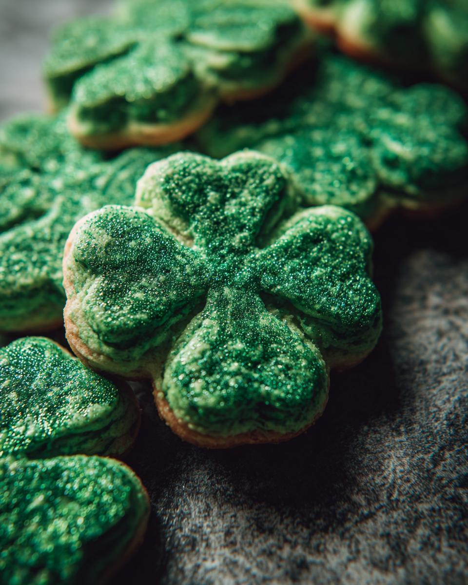 Close-up of green Shamrock Sugar Cookies, perfect for St. Patrick's Day. The Shamrock Sugar Cookies are decorated with sprinkles.