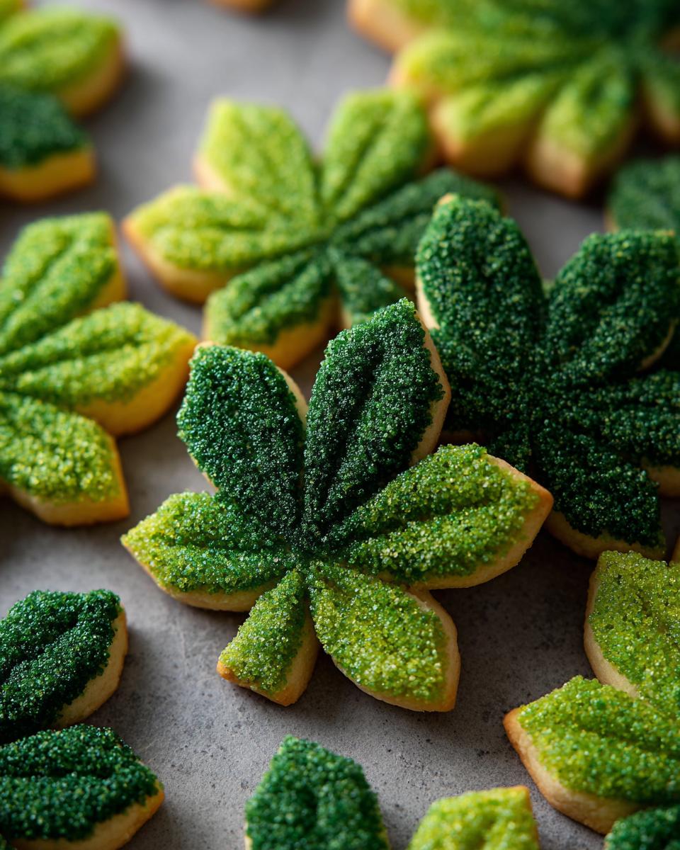 Close-up of several Shamrock Sugar Cookies covered in green sprinkles, perfect for St. Patrick's Day.