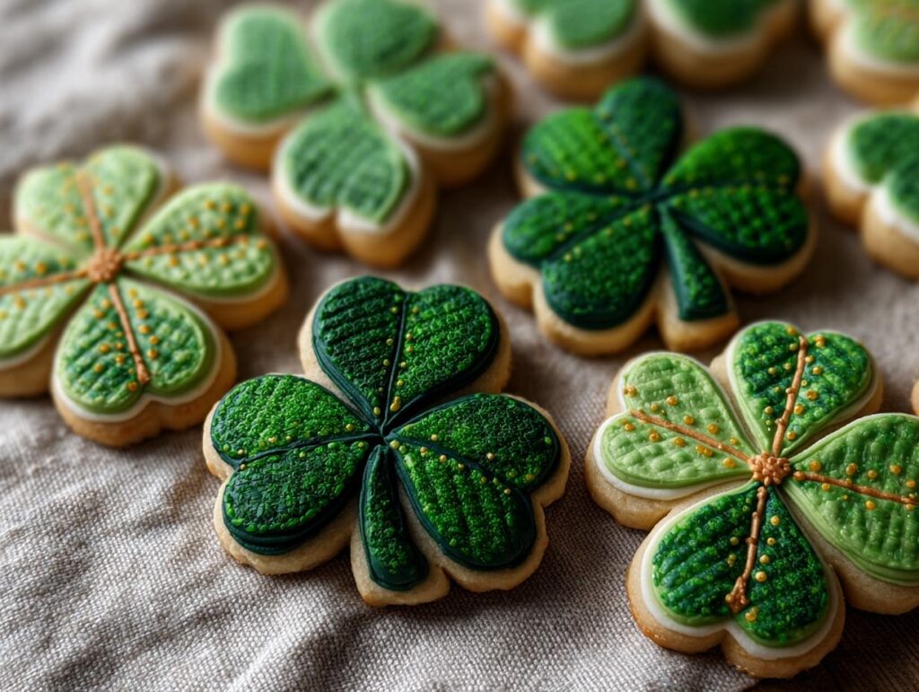 Close-up of beautifully decorated Shamrock Sugar Cookies, perfect for St. Patrick's Day.