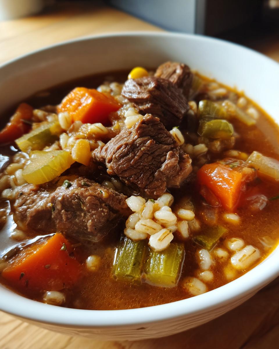 Close-up of a bowl filled with Slow Cooker Beef Barley Stew, showing beef, barley, and vegetables.