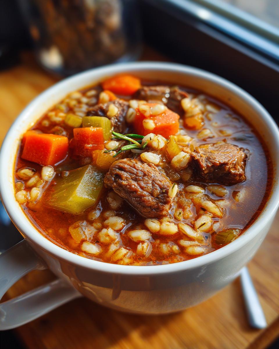 Close-up of a bowl of Slow Cooker Beef Barley Stew with carrots, barley and beef.