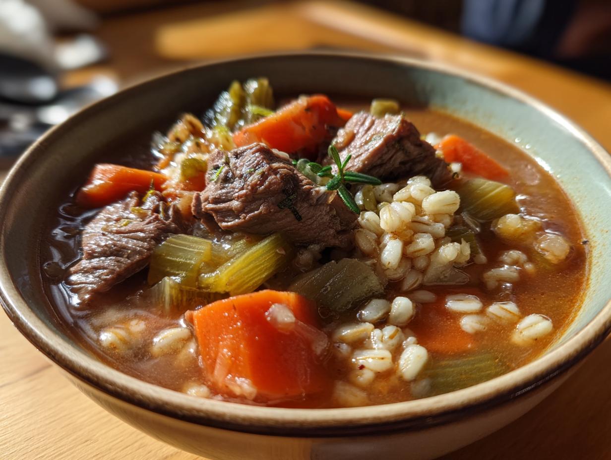Close-up of a bowl of Slow Cooker Beef Barley Stew with beef, barley, carrots, and celery.