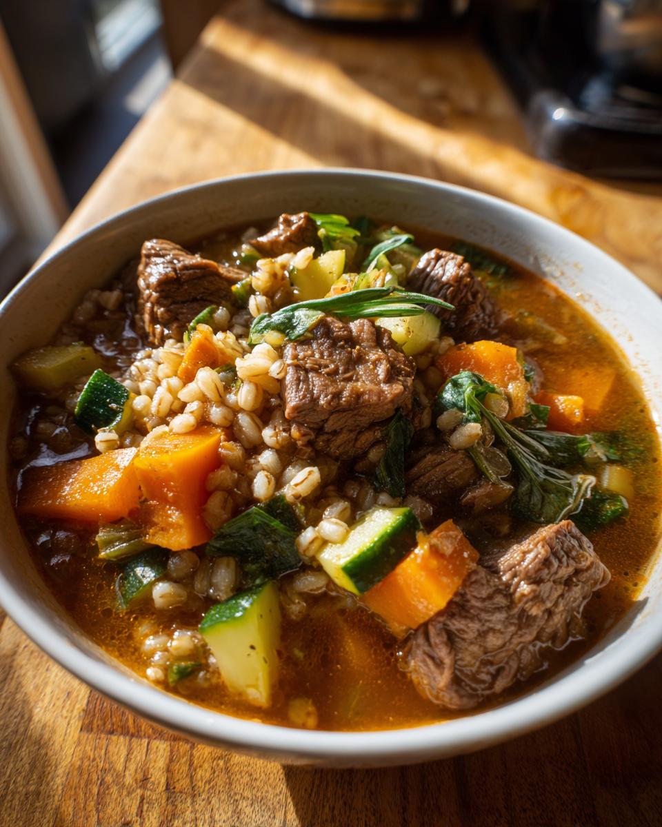 Close-up image of a bowl of Slow Cooker Beef Barley Stew with beef chunks, barley, and vegetables.