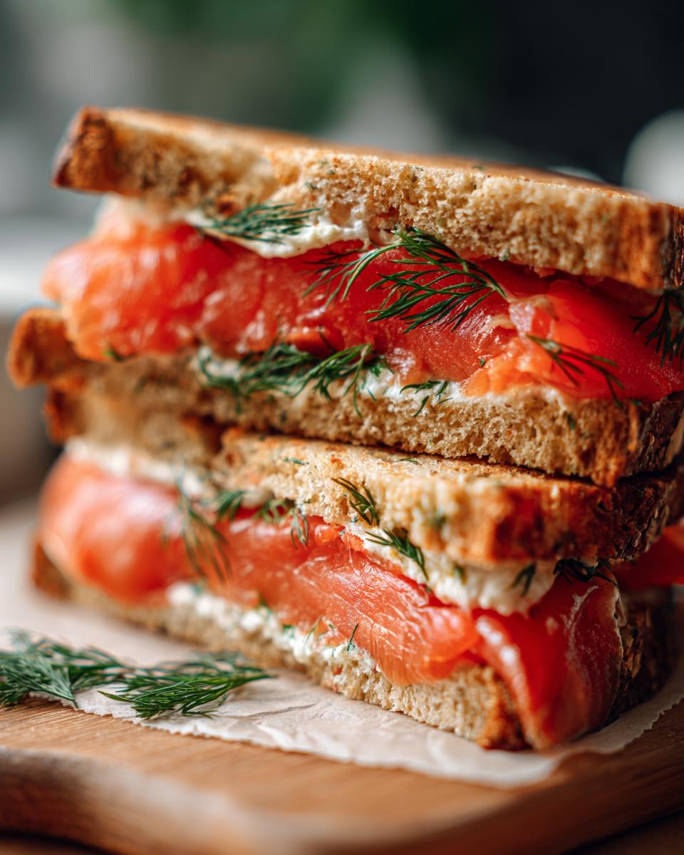 Close-up of a stacked Smoked Salmon Soda Bread Sandwich with dill and cream cheese.