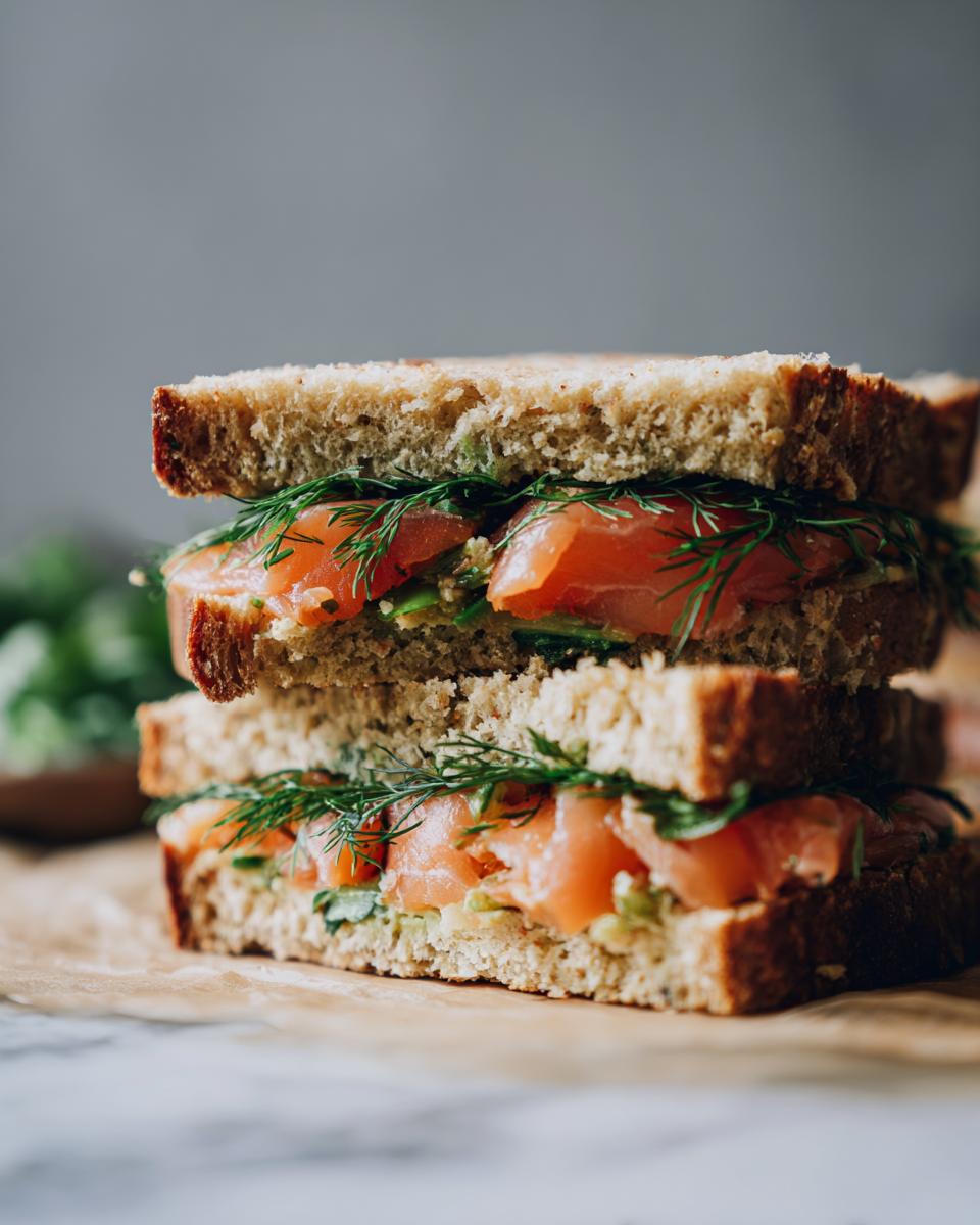 Close-up of a stacked Smoked Salmon Soda Bread Sandwich with dill.