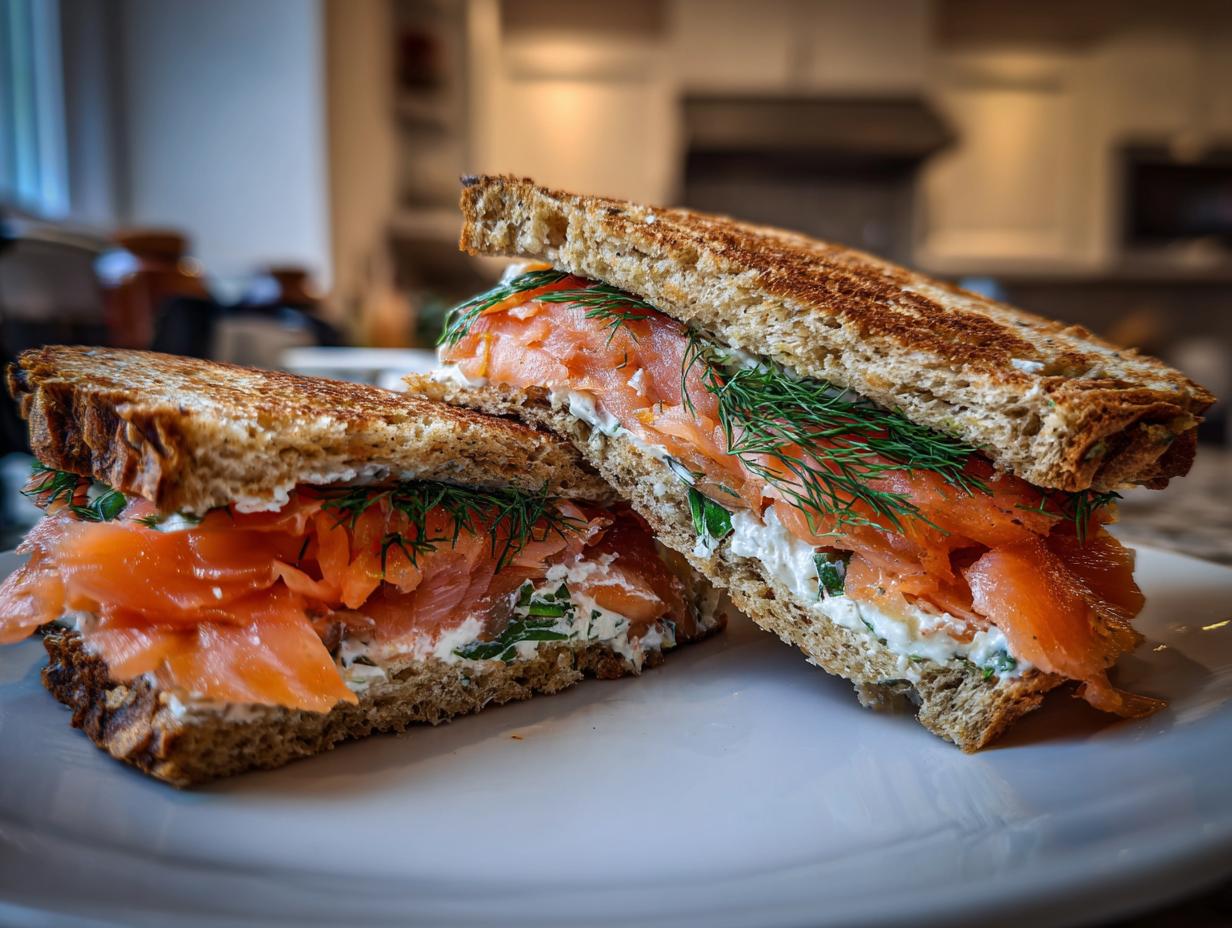 Close-up of Smoked Salmon Soda Bread Sandwiches, with salmon and dill.