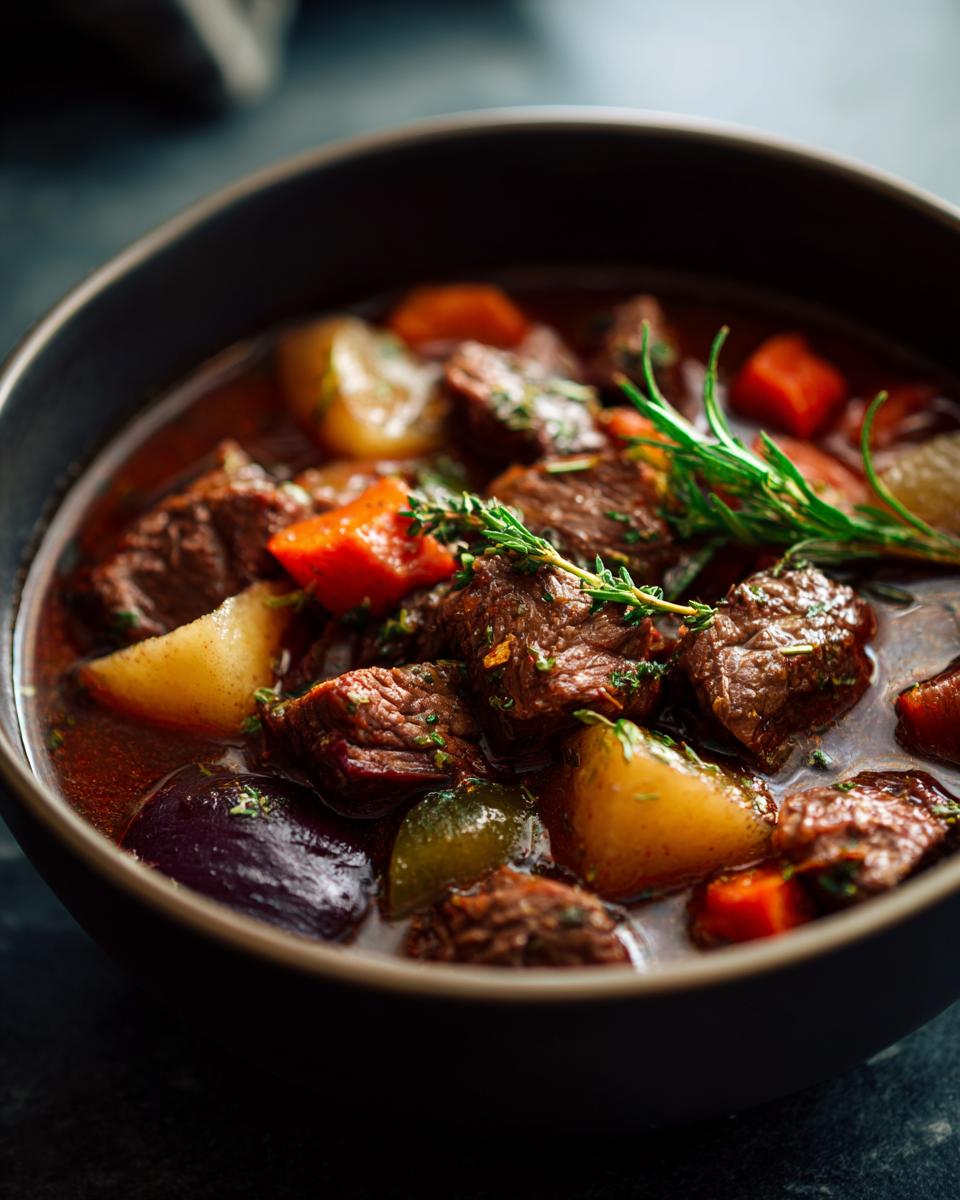 Close-up of a bowl of Spicy Guinness Beef Stew, with beef chunks, vegetables, and herbs.