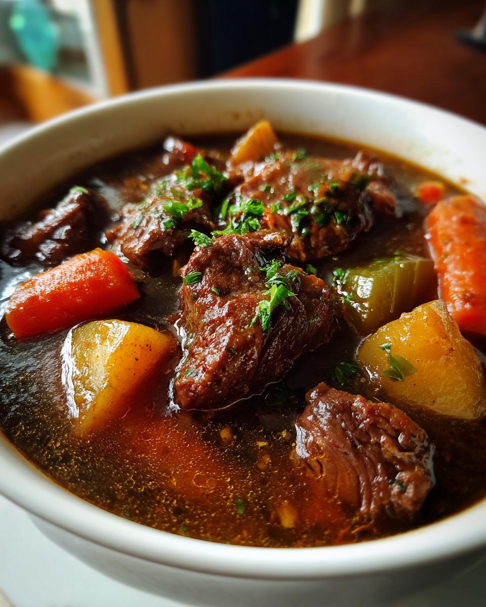 Close-up of a bowl of Spicy Guinness Beef Stew with beef, carrots, potatoes, and herbs.