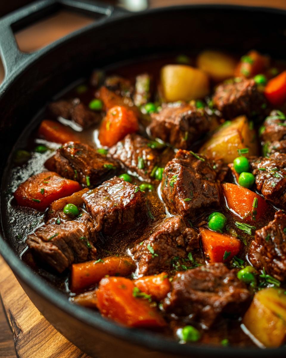 Close-up of a pot of Spicy Guinness Beef Stew with beef chunks, carrots, peas, and potatoes.
