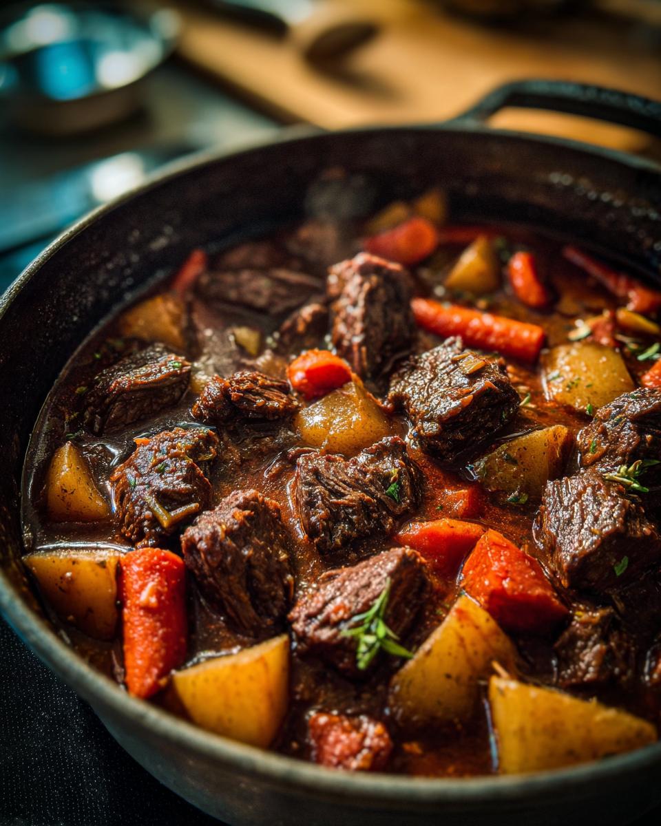 Close-up of Spicy Guinness Beef Stew with beef chunks, carrots, and potatoes in a Dutch oven.