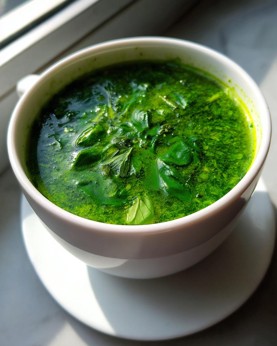 Close-up of a bowl of Spinach and Herb Broth, a vibrant green soup.