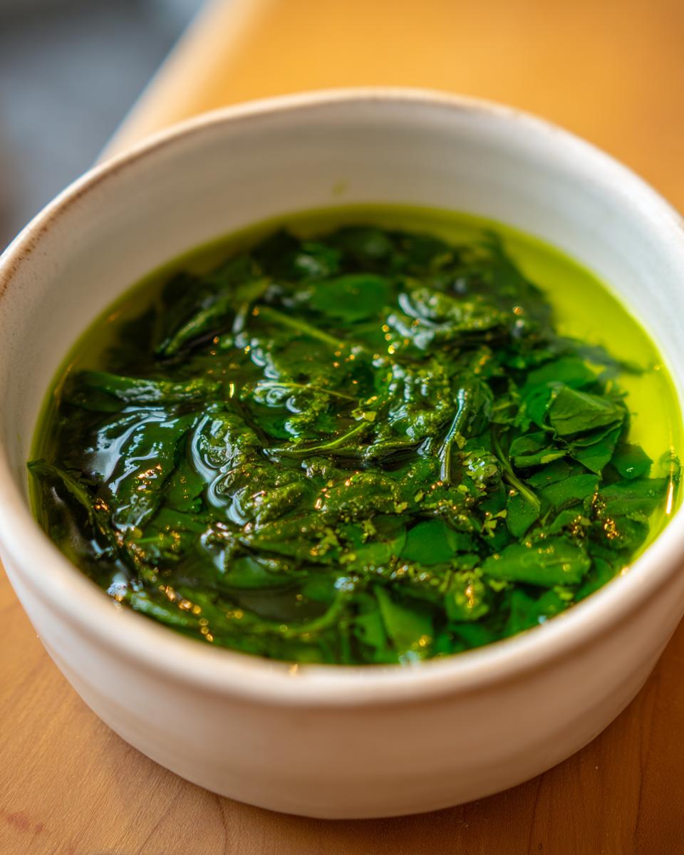 Close-up of a bowl filled with fresh Spinach and Herb Broth, showing vibrant green color and texture.