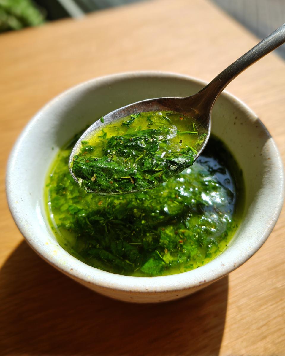 Close-up of a bowl filled with fresh Spinach and Herb Broth, with a spoonful being lifted.