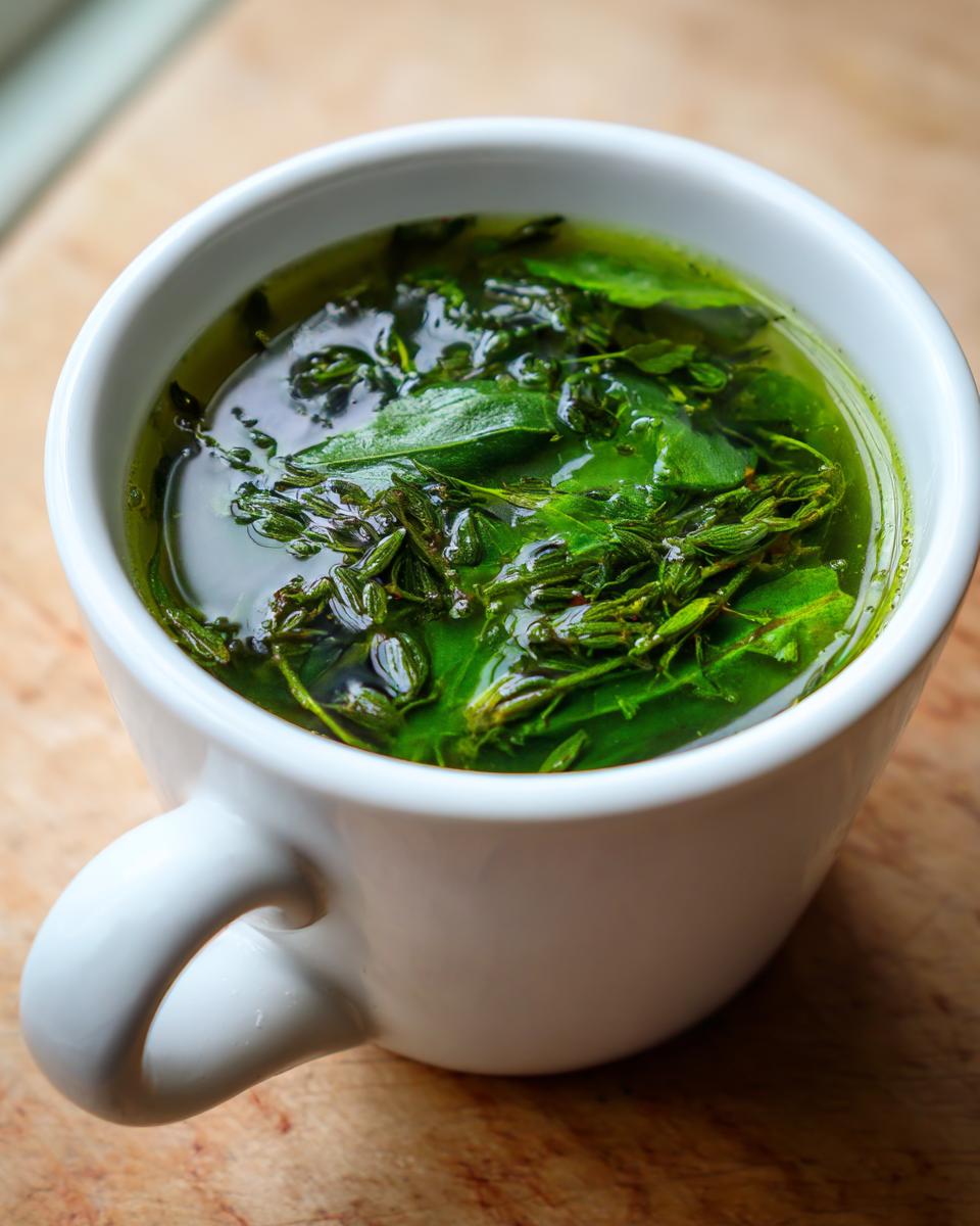 Close-up of a white mug filled with fresh Spinach and Herb Broth, showing vibrant green herbs.