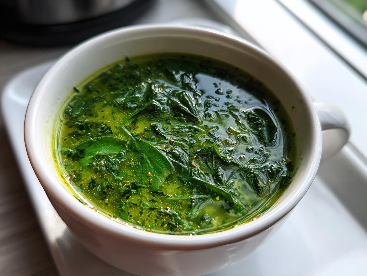 Close-up of a bowl of Spinach and Herb Broth, a healthy and vibrant green soup.