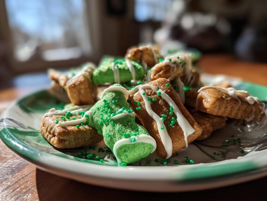 Close-up of St. Patrick's Day Animal Cracker Mix on a green and white plate, decorated with icing and sprinkles.