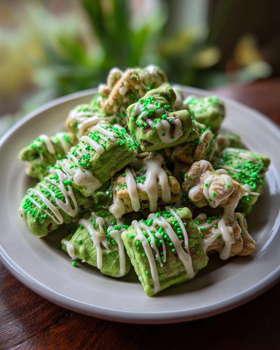 Close-up of a plate of St. Patrick’s Day Animal Cracker Mix, decorated with green sprinkles and icing.