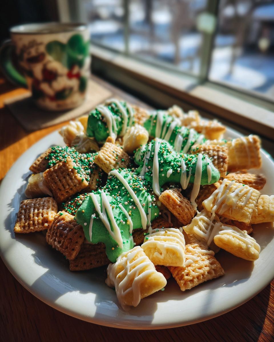 A plate of St. Patrick's Day Animal Cracker Mix with green and white icing and sprinkles.