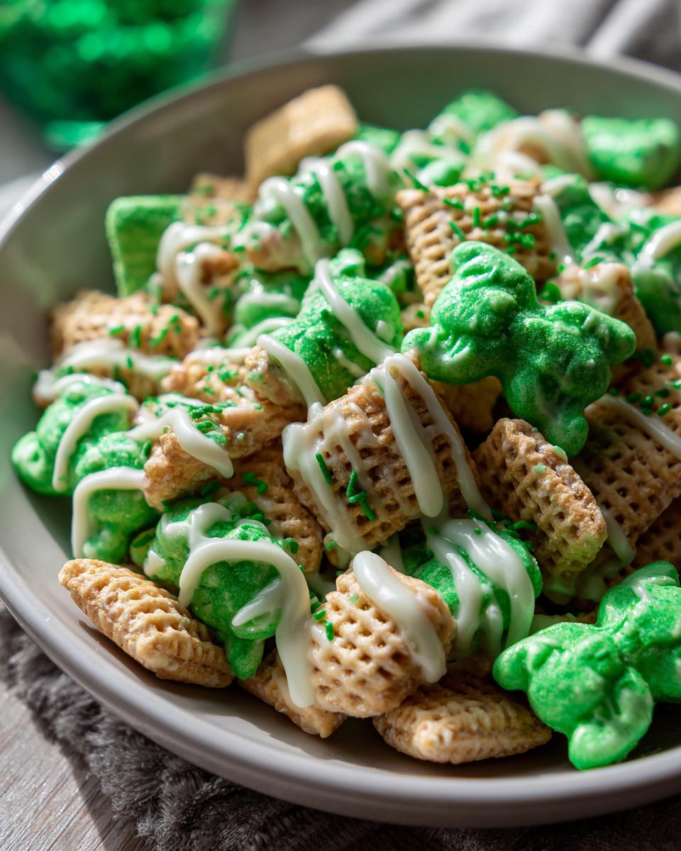 Close-up of a bowl of St. Patrick's Day Animal Cracker Mix with green and white icing and sprinkles.