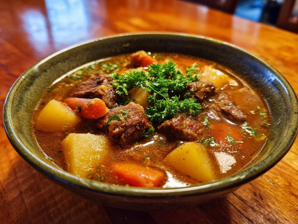 Close-up of a bowl of delicious Steak And Potato Soup, with tender steak, potatoes, and carrots.