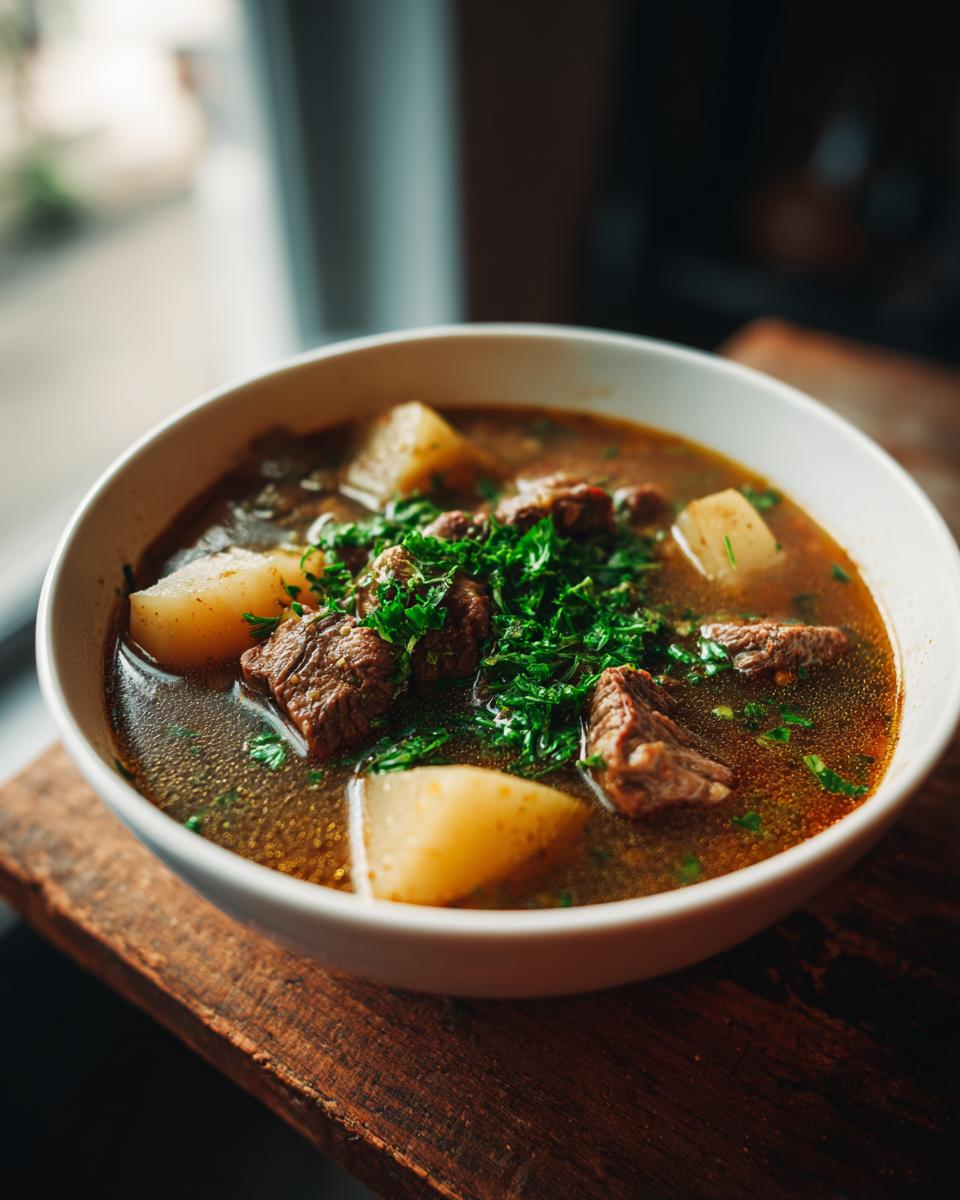 Close-up of a bowl of delicious Steak And Potato Soup with chunks of beef and potatoes.