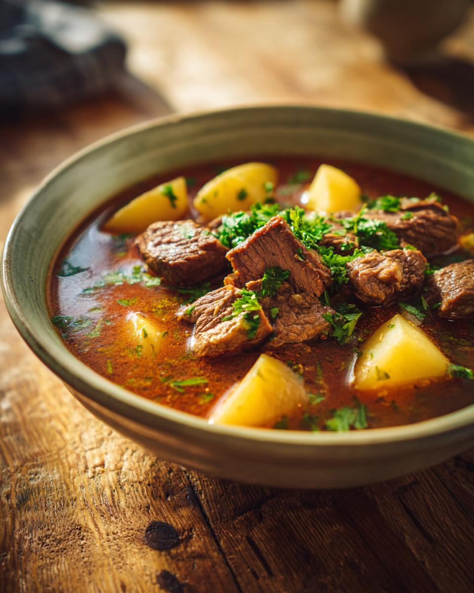 Close-up of a bowl of delicious Steak and Potato Soup with chunks of beef and potatoes.