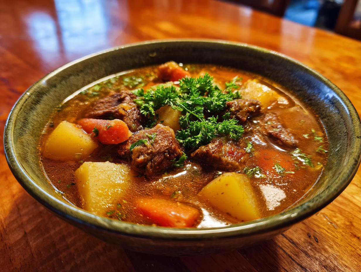 Close-up of a bowl of delicious Steak And Potato Soup, with tender steak, potatoes, and carrots.