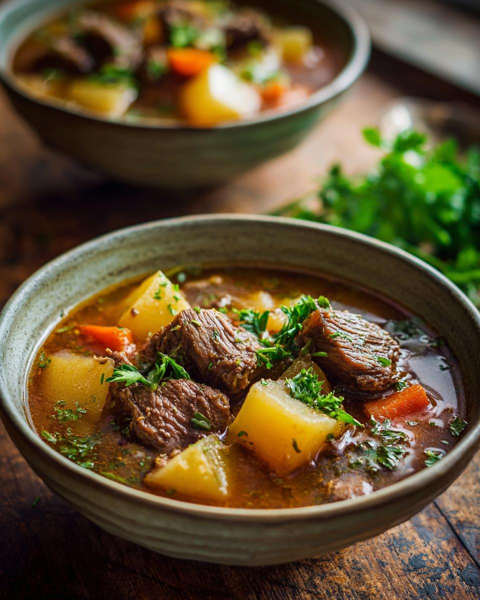 Close-up of two bowls of Steak and Potato Soup with beef, potatoes, and carrots.