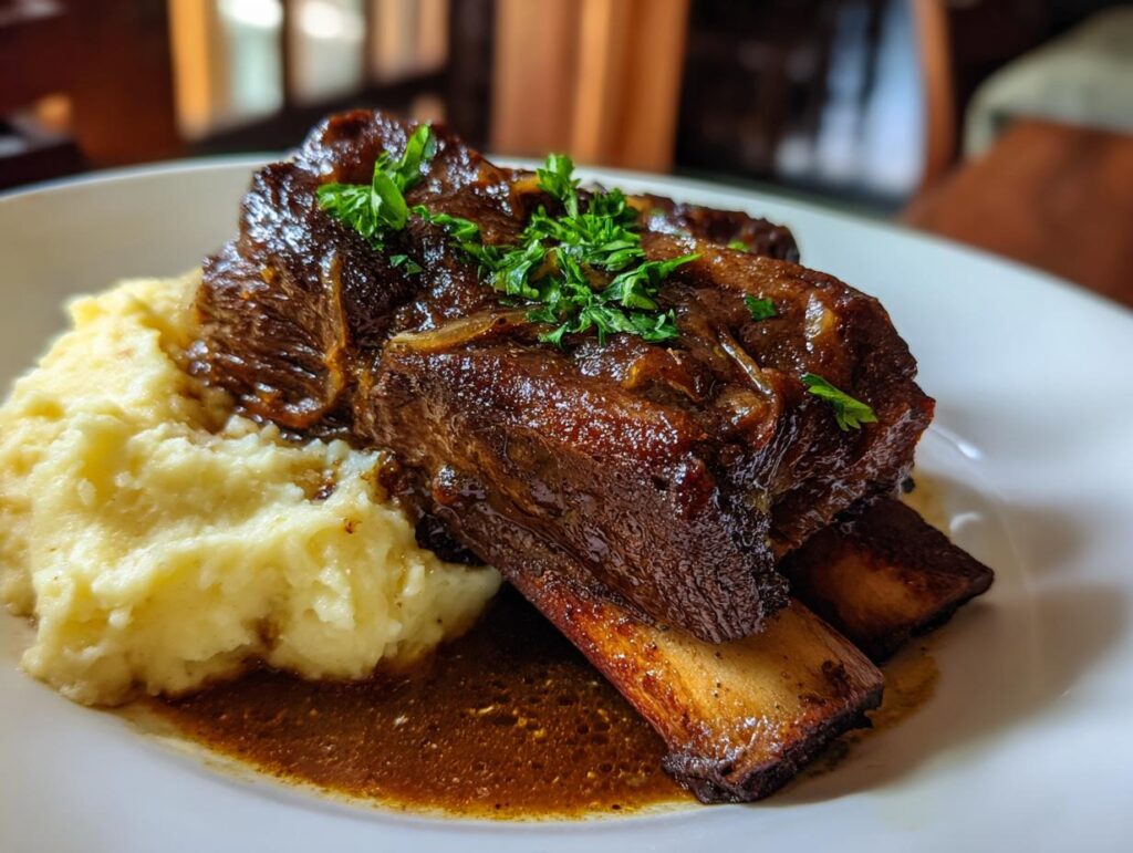 Plate of delicious Stout-Braised Short Ribs served with creamy mashed potatoes and garnished with parsley.