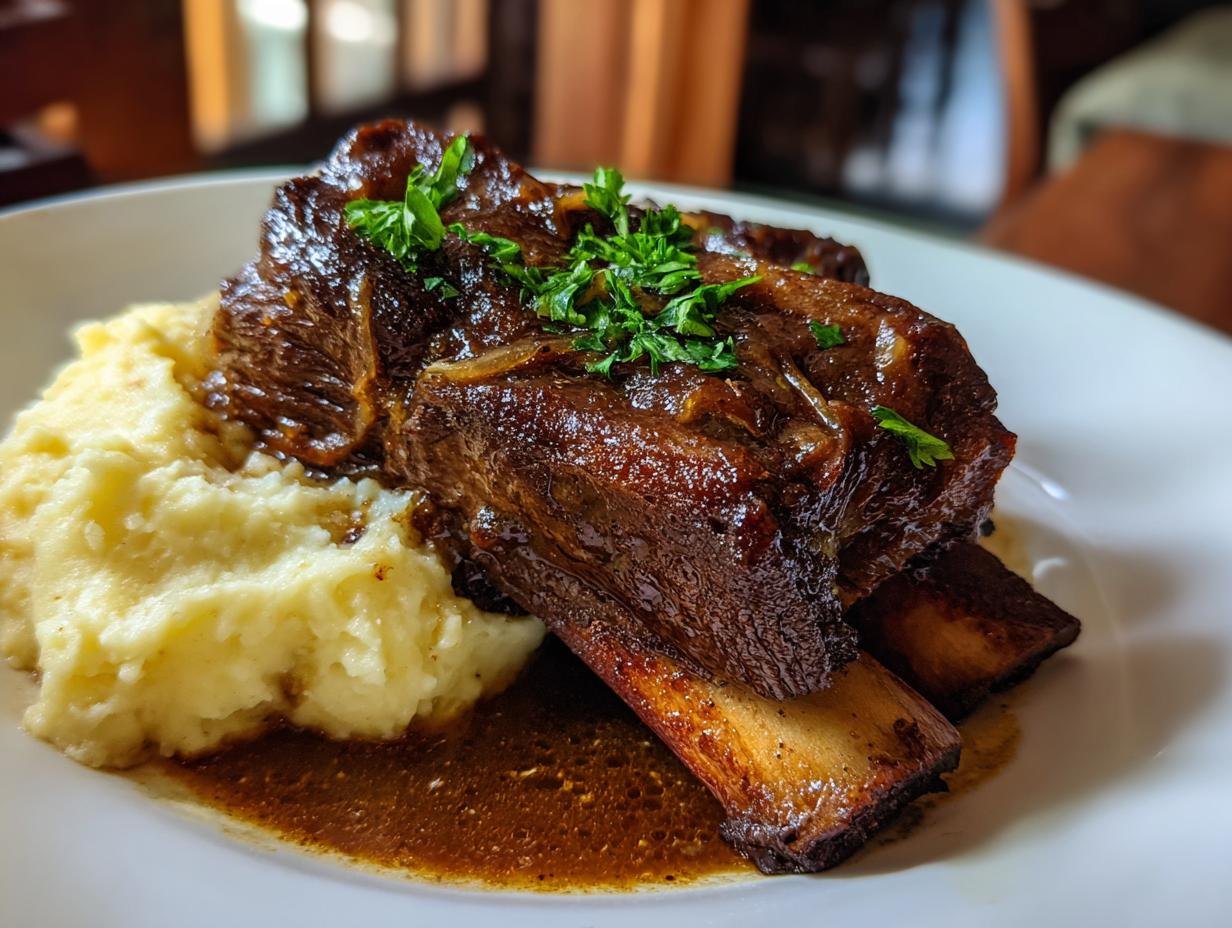 Plate of delicious Stout-Braised Short Ribs served with creamy mashed potatoes and garnished with parsley.