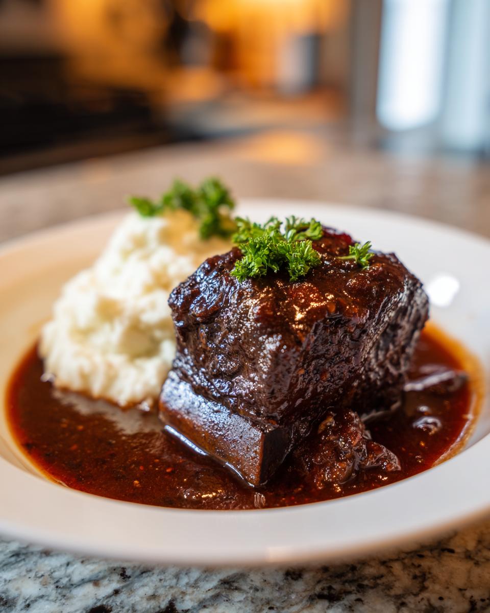 A plated serving of Stout-Braised Short Ribs with mashed potatoes and gravy, garnished with parsley.