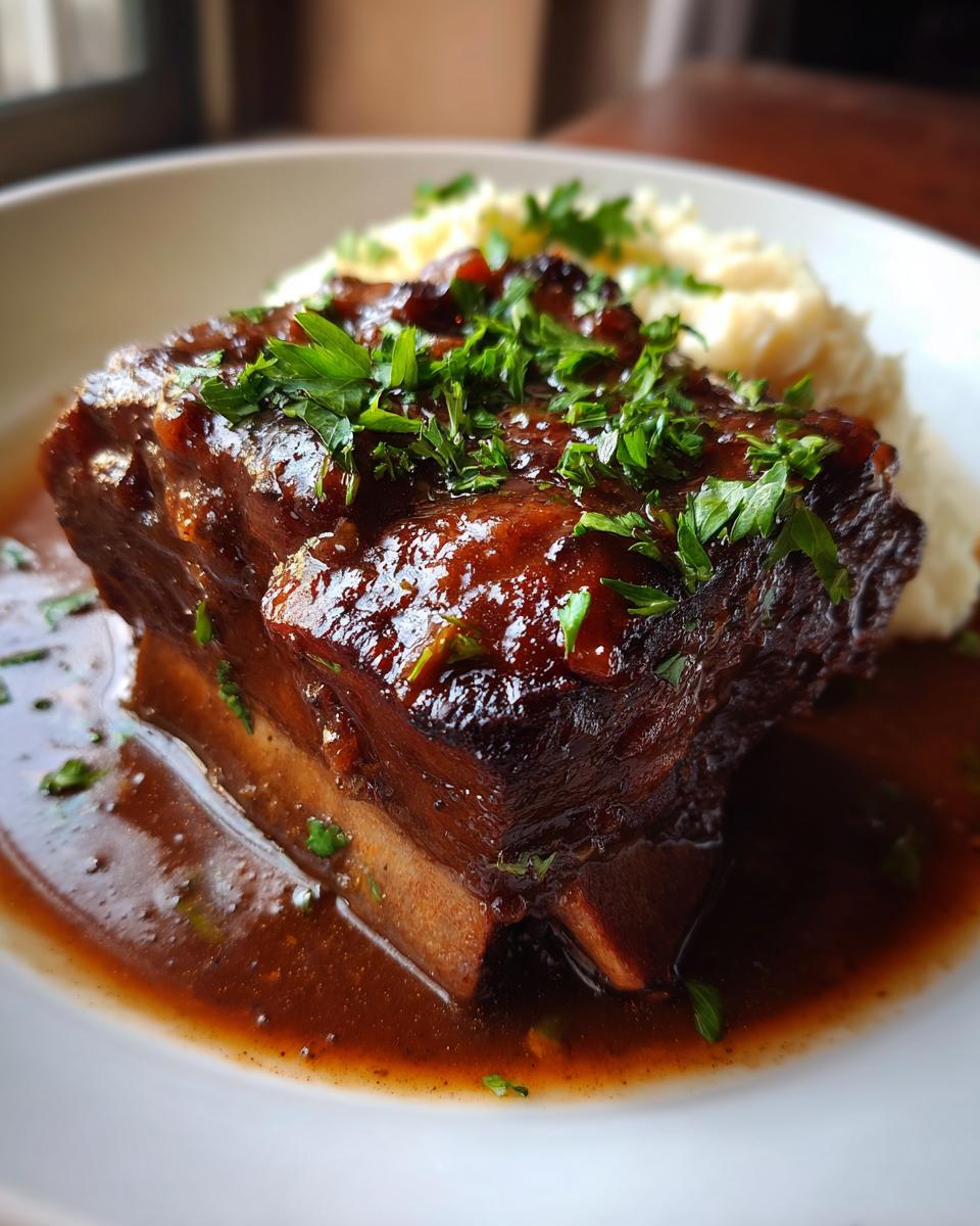 A plated serving of Stout-Braised Short Ribs, tender and juicy, with mashed potatoes and fresh herbs.