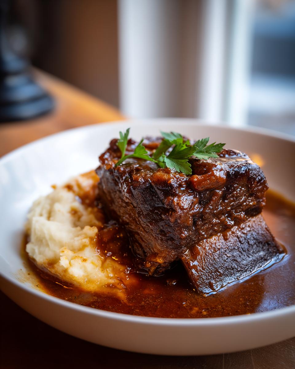 A serving of Stout-Braised Short Ribs on a bed of mashed potatoes, garnished with parsley.