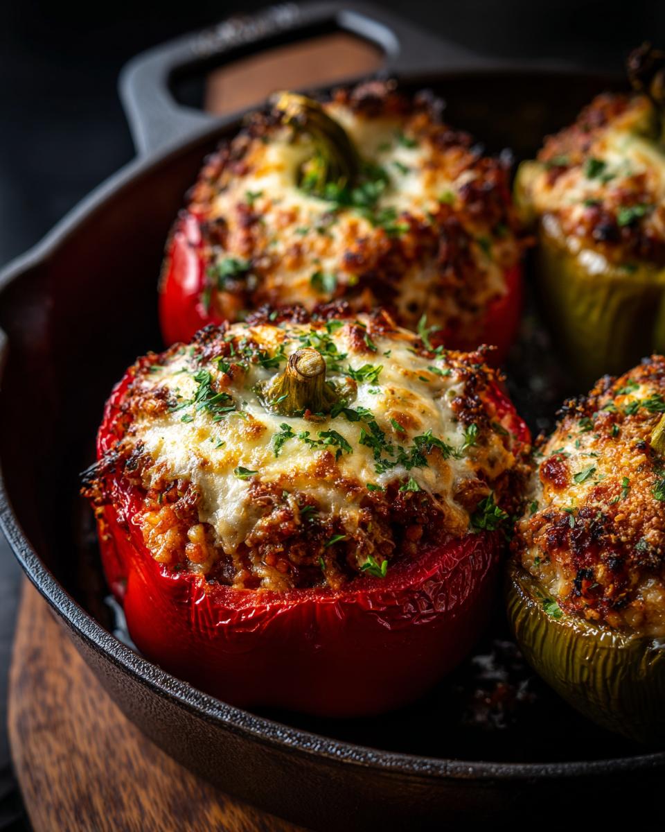 Close-up of baked stuffed peppers in a skillet. Featuring the Easy Stuffed Pepper Soup ingredients.
