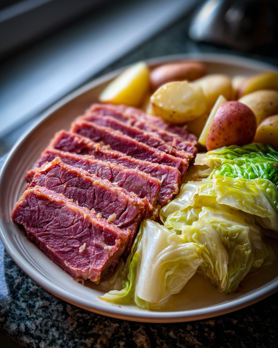 A plate of Traditional Corned Beef and Cabbage Platter with sliced corned beef, cabbage, and potatoes.