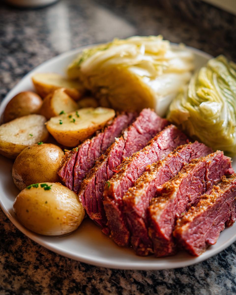 A plate of Traditional Corned Beef and Cabbage Platter with potatoes and cabbage.